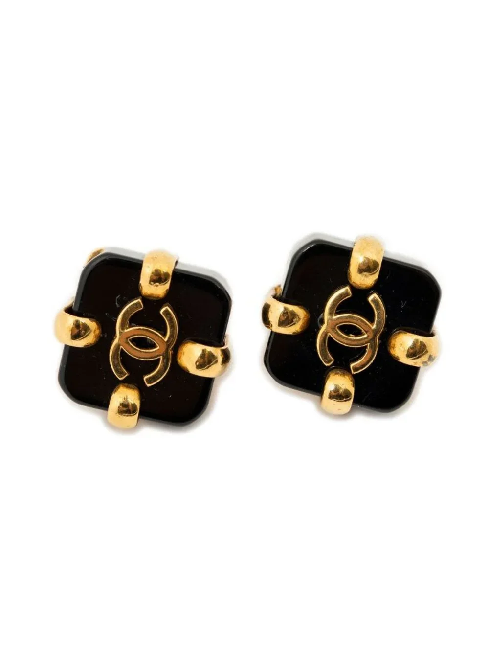 Chanel CC Enamel Cube Clip on Earrings Black Gold Plated